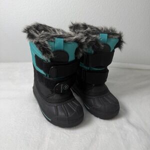 Quechua Little Kids Snow Boots Size 10 Black And Teal Faux Fur Lining Activewear